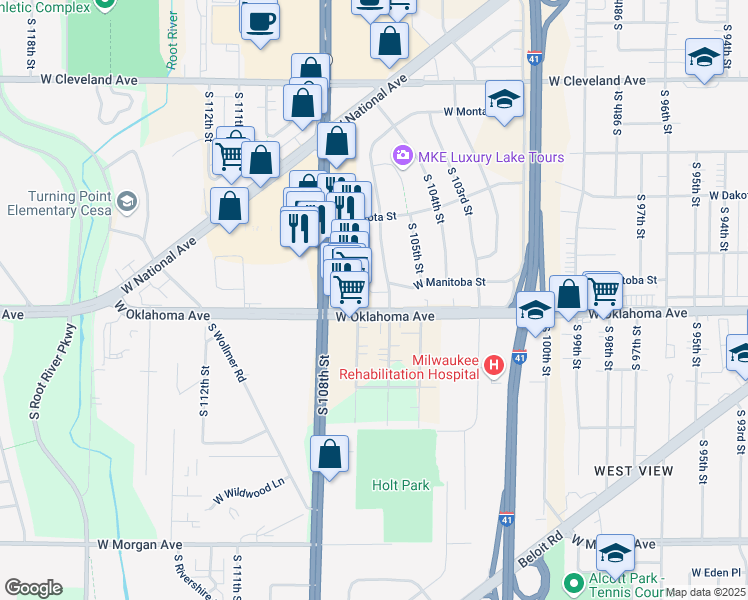 map of restaurants, bars, coffee shops, grocery stores, and more near 10614 West Oklahoma Avenue in Milwaukee