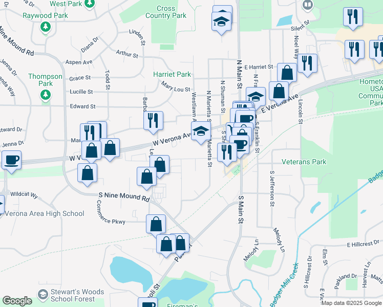 map of restaurants, bars, coffee shops, grocery stores, and more near 320 Church Avenue in Verona