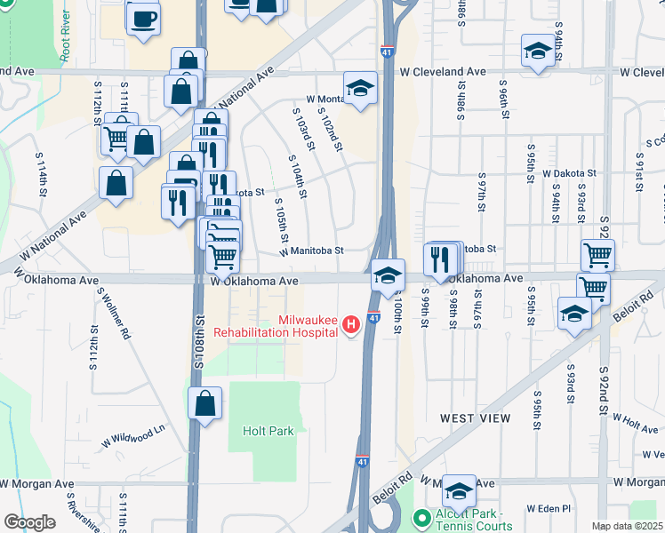 map of restaurants, bars, coffee shops, grocery stores, and more near 10316 West Oklahoma Avenue in West Allis