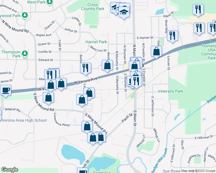 map of restaurants, bars, coffee shops, grocery stores, and more near 320 Church Avenue in Verona