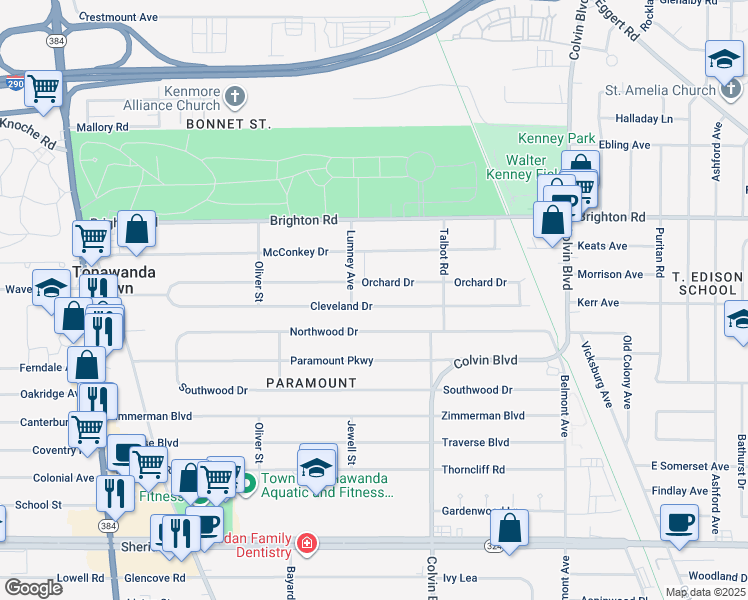 map of restaurants, bars, coffee shops, grocery stores, and more near 246 Cleveland Drive in Buffalo