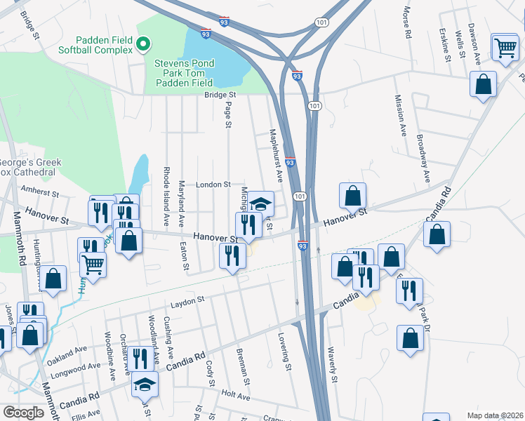 map of restaurants, bars, coffee shops, grocery stores, and more near 61 Beaver Street in Manchester