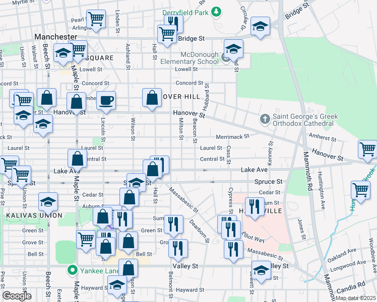 map of restaurants, bars, coffee shops, grocery stores, and more near 391 Laurel Street in Manchester