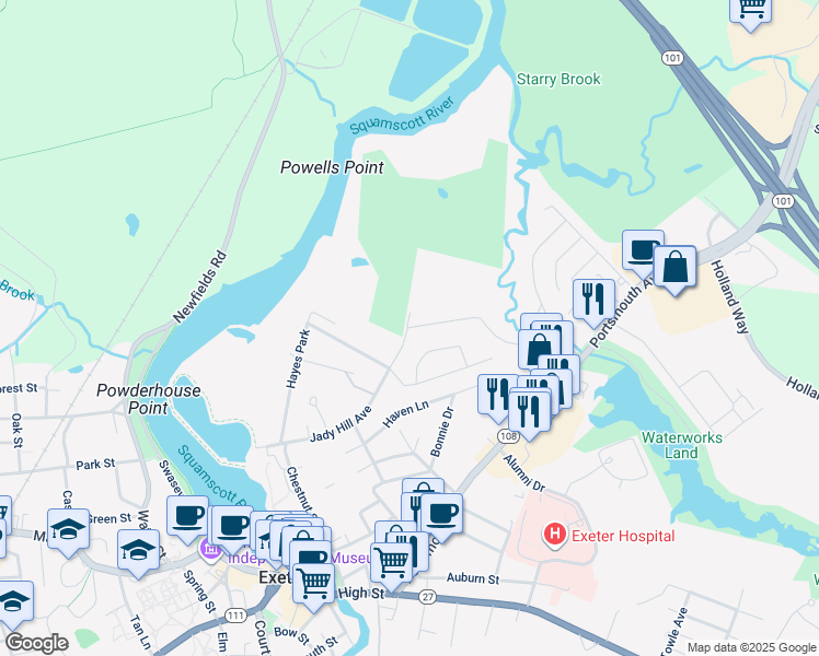 map of restaurants, bars, coffee shops, grocery stores, and more near 1 Webster Ave in Exeter
