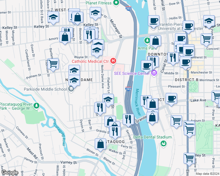 map of restaurants, bars, coffee shops, grocery stores, and more near 280 Main Street in Manchester