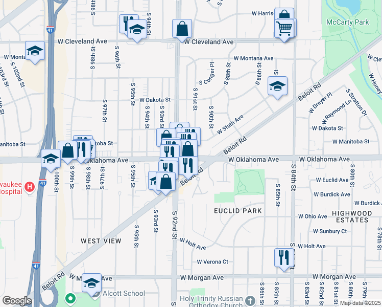 map of restaurants, bars, coffee shops, grocery stores, and more near 9104 West Oklahoma Avenue in West Allis