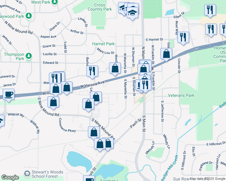 map of restaurants, bars, coffee shops, grocery stores, and more near 320 Church Avenue in Verona