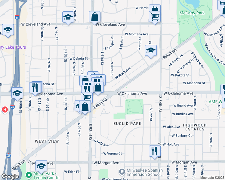 map of restaurants, bars, coffee shops, grocery stores, and more near 8940 West Oklahoma Avenue in West Allis