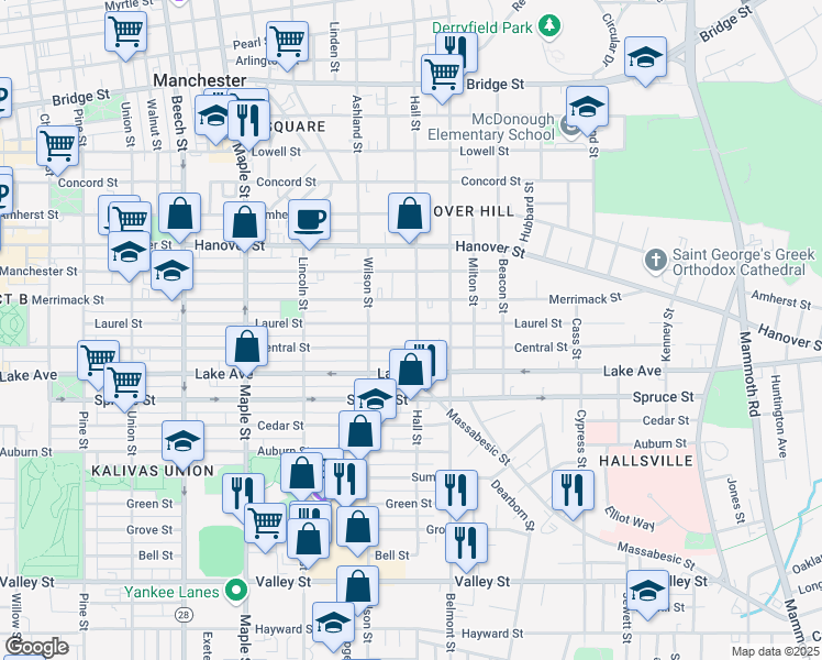 map of restaurants, bars, coffee shops, grocery stores, and more near 335 Laurel Street in Manchester