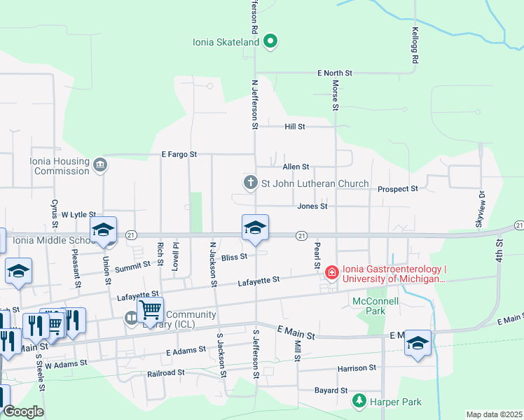 map of restaurants, bars, coffee shops, grocery stores, and more near 534 North Jefferson Street in Ionia