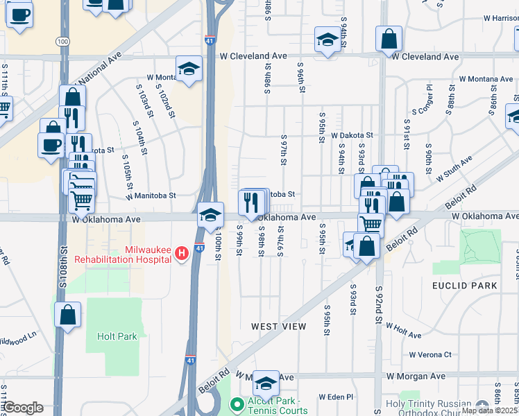 map of restaurants, bars, coffee shops, grocery stores, and more near 9804 West Oklahoma Avenue in West Allis