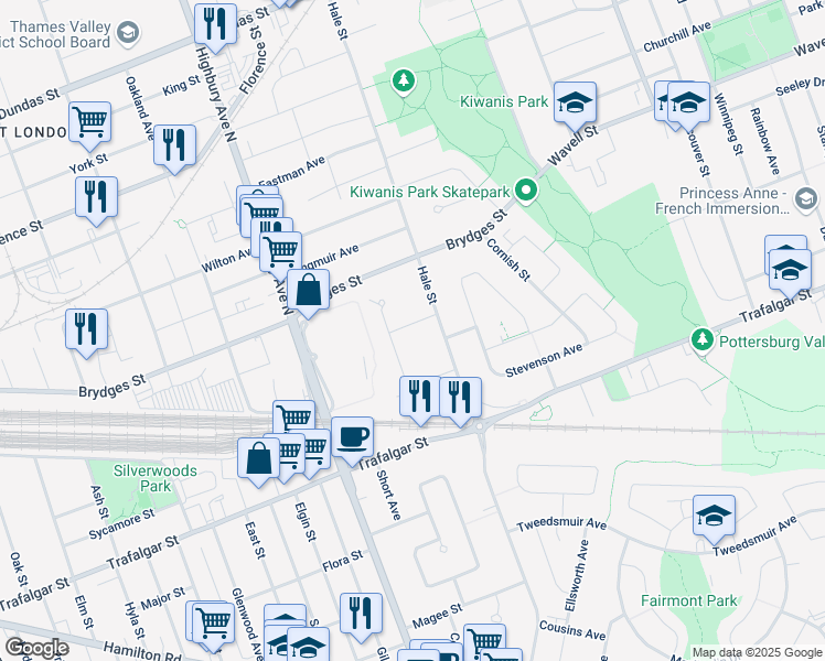 map of restaurants, bars, coffee shops, grocery stores, and more near 84 Heather Crescent in London