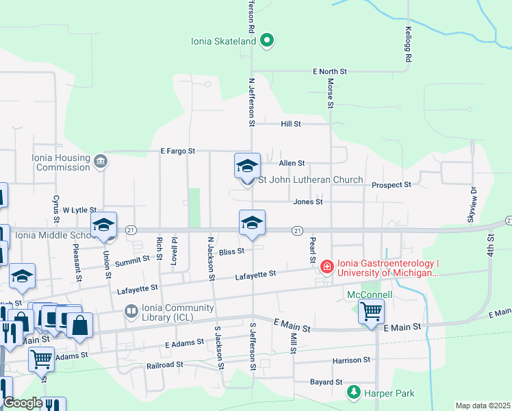 map of restaurants, bars, coffee shops, grocery stores, and more near 534 North Jefferson Street in Ionia