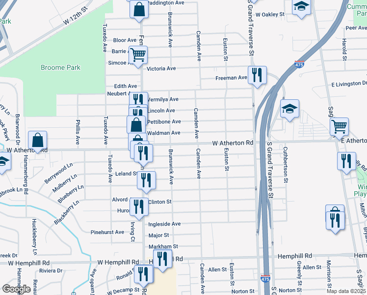 map of restaurants, bars, coffee shops, grocery stores, and more near 833 West Atherton Road in Flint