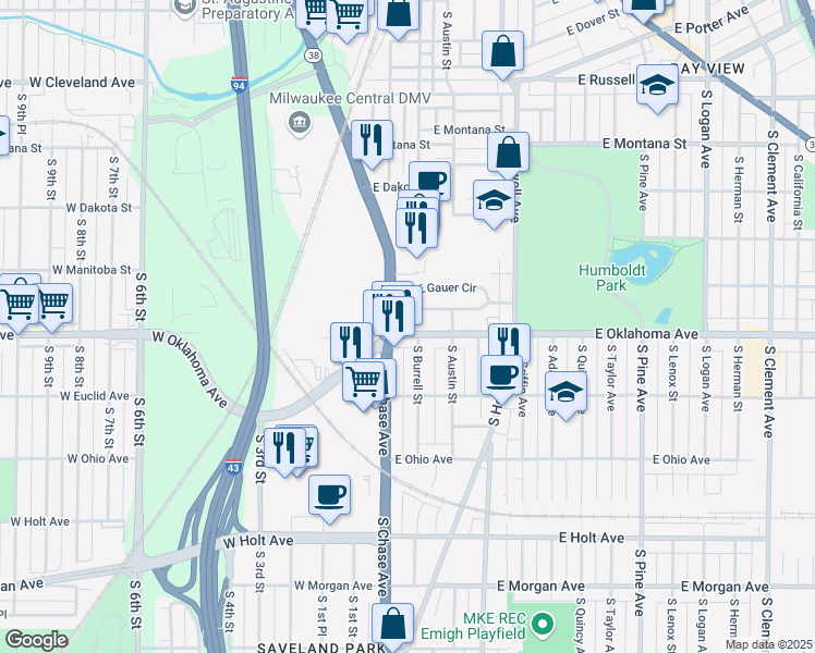 map of restaurants, bars, coffee shops, grocery stores, and more near 126 East Oklahoma Avenue in Milwaukee