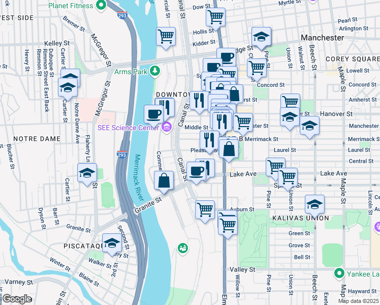 map of restaurants, bars, coffee shops, grocery stores, and more near 95 Pleasant Street in Manchester