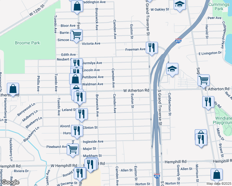 map of restaurants, bars, coffee shops, grocery stores, and more near 751 West Atherton Road in Flint