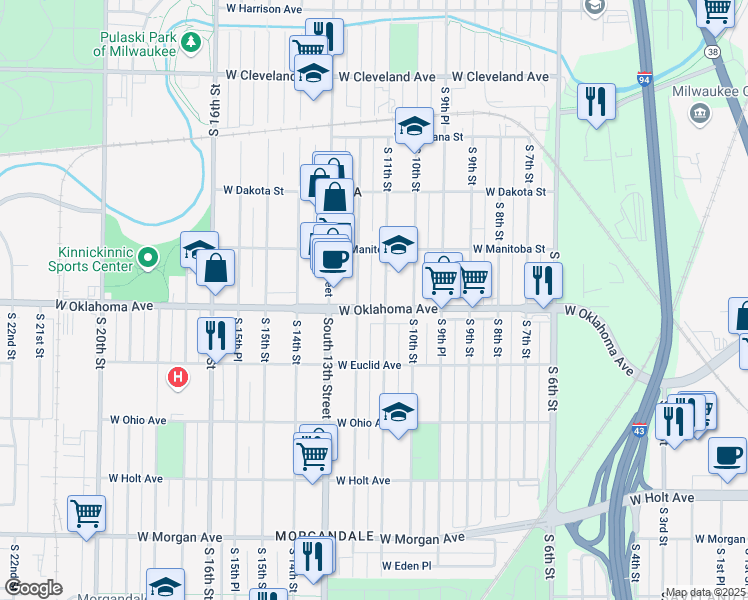 map of restaurants, bars, coffee shops, grocery stores, and more near 1114 West Oklahoma Avenue in Milwaukee