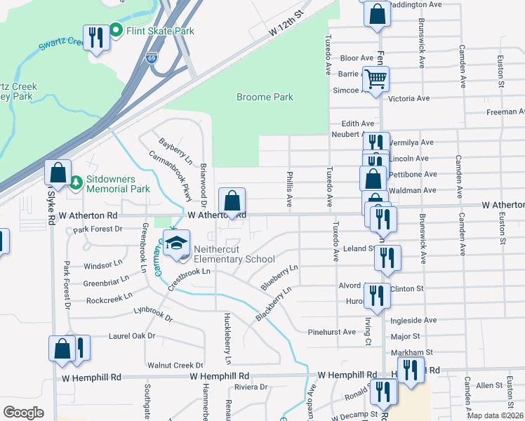 map of restaurants, bars, coffee shops, grocery stores, and more near 1502 West Atherton Road in Flint