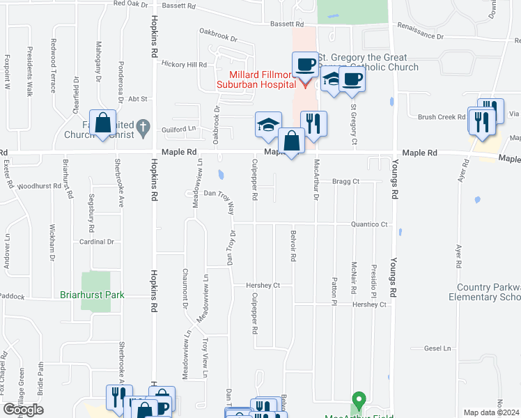 map of restaurants, bars, coffee shops, grocery stores, and more near 74 Culpepper Road in Buffalo