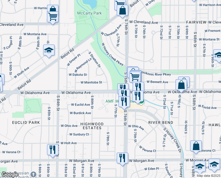 map of restaurants, bars, coffee shops, grocery stores, and more near 3080 South Stratton Drive in West Allis