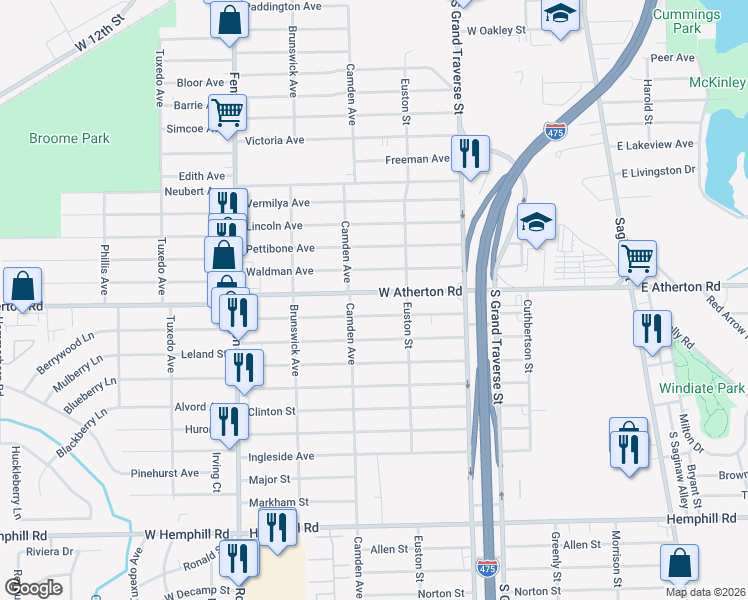 map of restaurants, bars, coffee shops, grocery stores, and more near 731 West Atherton Road in Flint