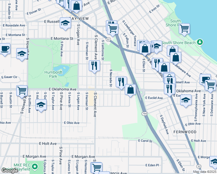map of restaurants, bars, coffee shops, grocery stores, and more near 1320 East Oklahoma Avenue in Milwaukee
