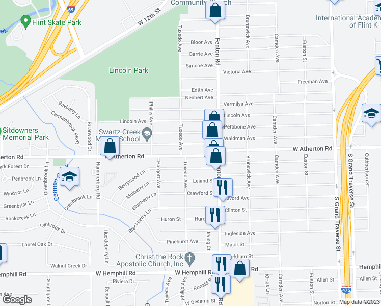 map of restaurants, bars, coffee shops, grocery stores, and more near 1122 West Atherton Road in Flint