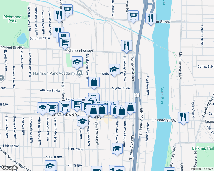 map of restaurants, bars, coffee shops, grocery stores, and more near 1409 Quarry Avenue Northwest in Grand Rapids