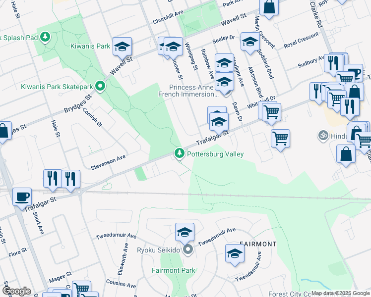 map of restaurants, bars, coffee shops, grocery stores, and more near 1613 Trafalgar Street in London