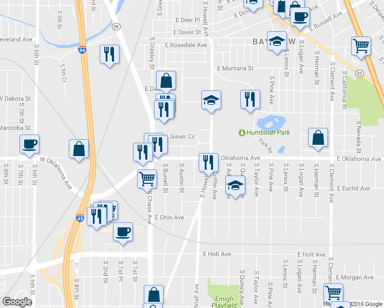 map of restaurants, bars, coffee shops, grocery stores, and more near 324 East Oklahoma Avenue in Milwaukee