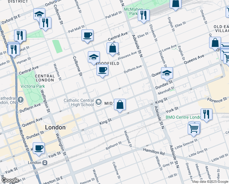 map of restaurants, bars, coffee shops, grocery stores, and more near 481 Queens Avenue in London