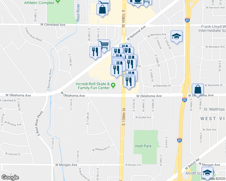 map of restaurants, bars, coffee shops, grocery stores, and more near 10928 West Oklahoma Avenue in West Allis