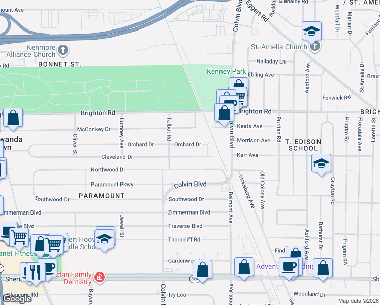 map of restaurants, bars, coffee shops, grocery stores, and more near 368 Cleveland Drive in Buffalo