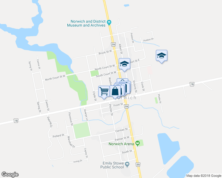 map of restaurants, bars, coffee shops, grocery stores, and more near 7 Washington Street in Norwich
