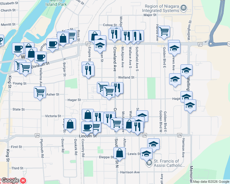 map of restaurants, bars, coffee shops, grocery stores, and more near Crowland Avenue in Welland