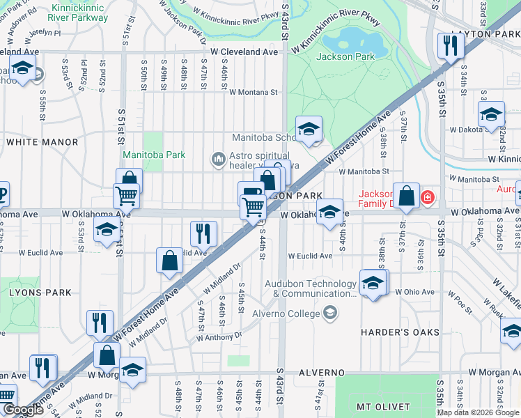 map of restaurants, bars, coffee shops, grocery stores, and more near 4400 West Forest Home Avenue in Milwaukee