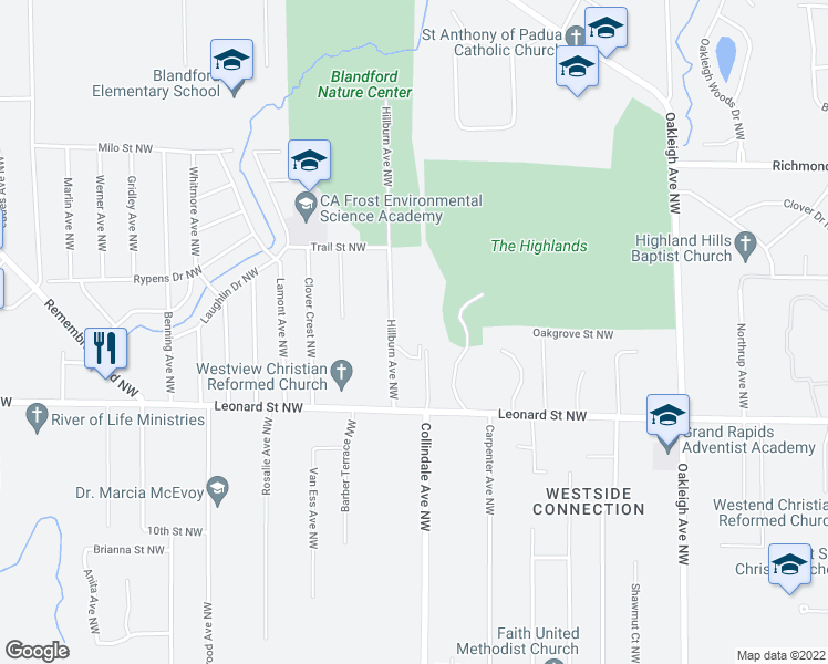 map of restaurants, bars, coffee shops, grocery stores, and more near 1300 Hillburn Avenue Northwest in Grand Rapids