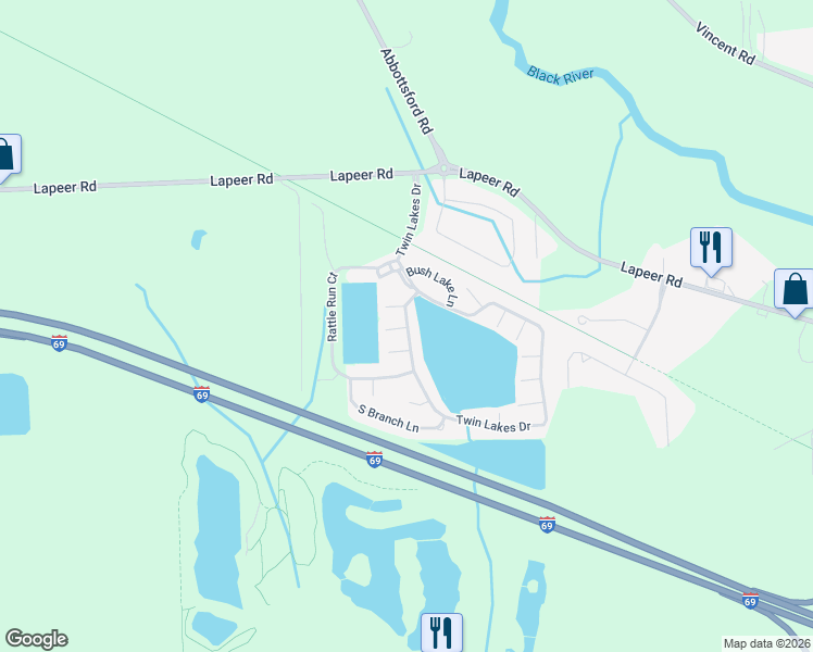 map of restaurants, bars, coffee shops, grocery stores, and more near 6242 Twin Lakes Drive in Kimball