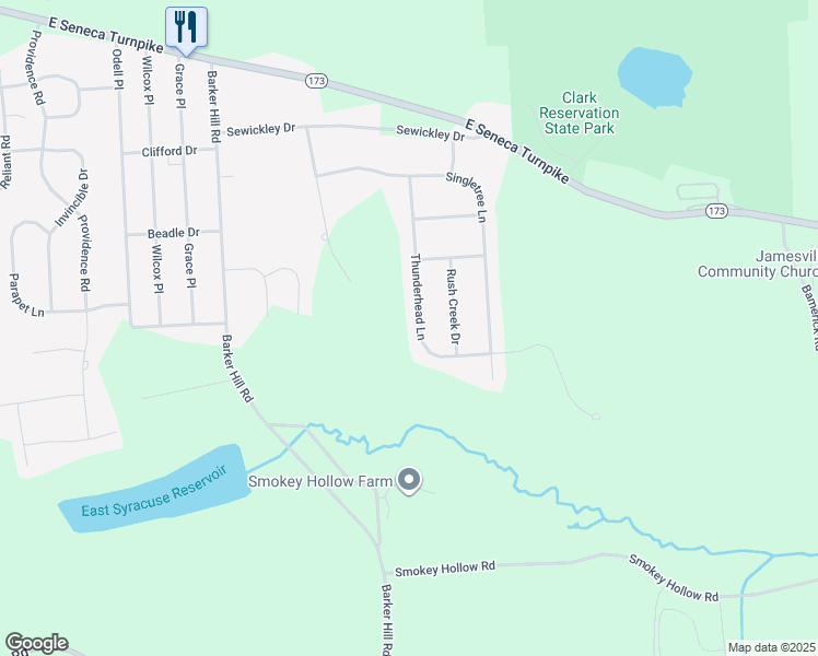 map of restaurants, bars, coffee shops, grocery stores, and more near 6129 Thunderhead Lane in Jamesville