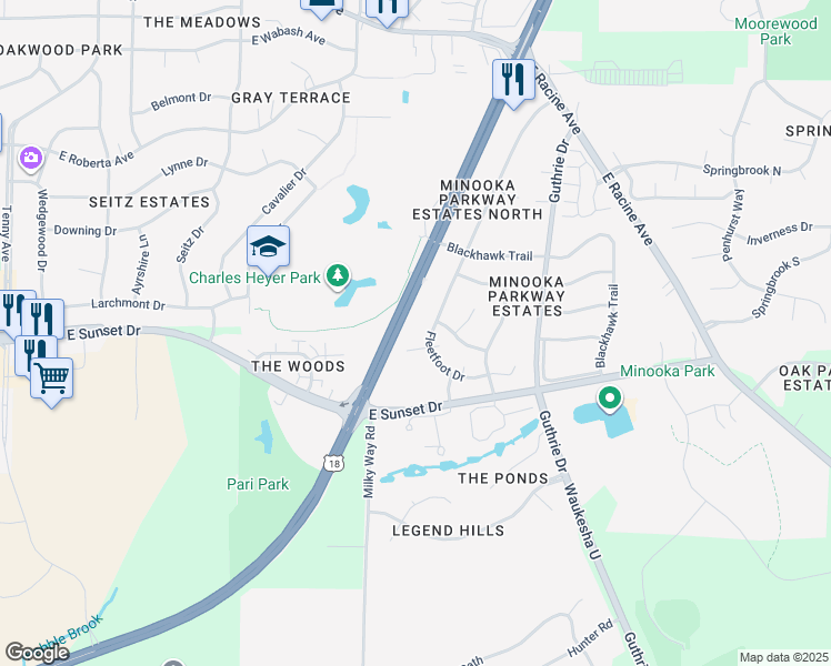 map of restaurants, bars, coffee shops, grocery stores, and more near 2850 Menomonee River Pkwy in Milwaukee