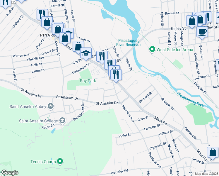 map of restaurants, bars, coffee shops, grocery stores, and more near 6 Elmwood Avenue in Manchester