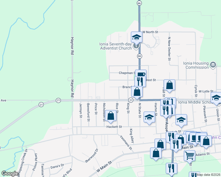 map of restaurants, bars, coffee shops, grocery stores, and more near 927 Branch Street in Ionia