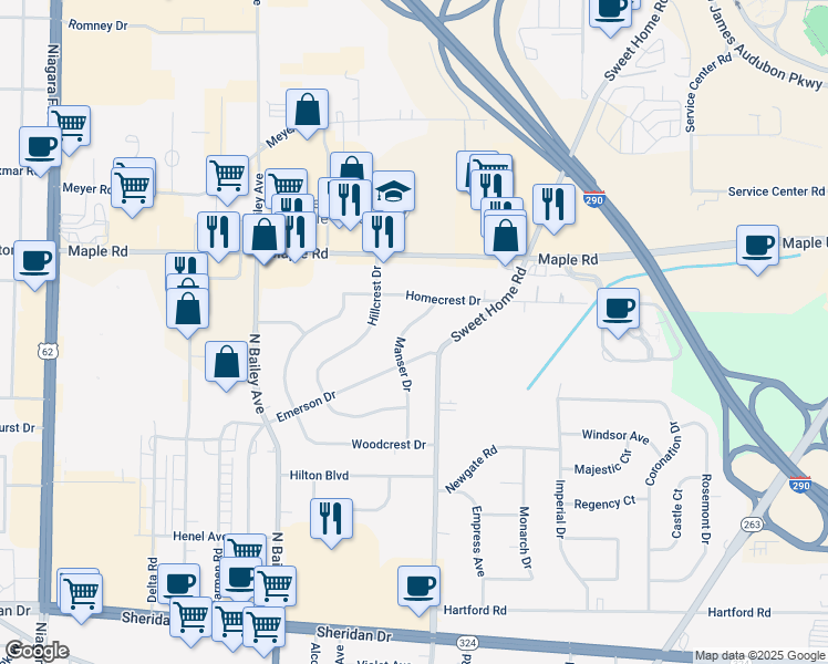 map of restaurants, bars, coffee shops, grocery stores, and more near 127 Manser Drive in Buffalo