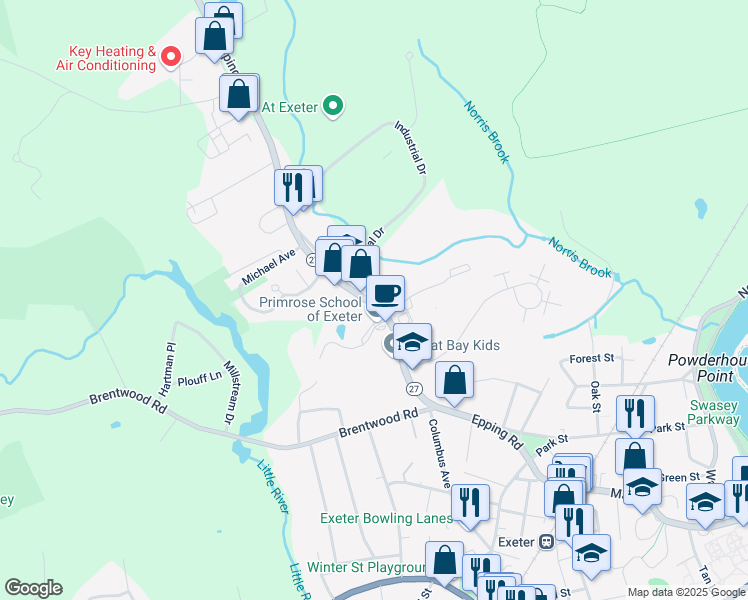 map of restaurants, bars, coffee shops, grocery stores, and more near 87 Epping Road in Exeter
