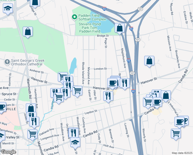 map of restaurants, bars, coffee shops, grocery stores, and more near 60 Pennsylvania Avenue in Manchester