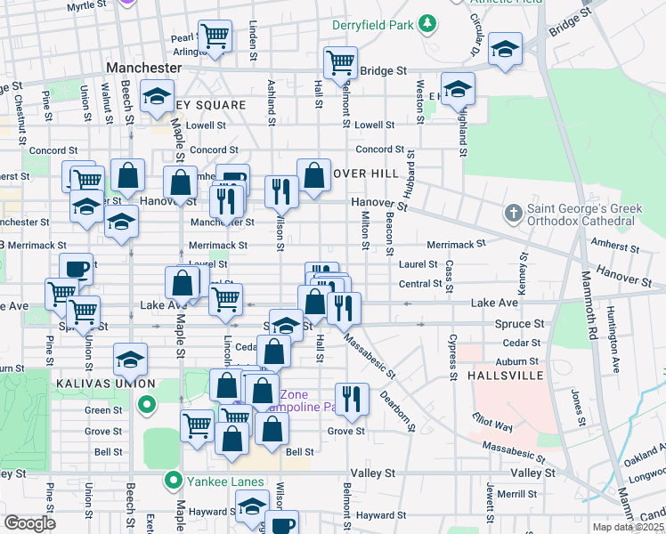 map of restaurants, bars, coffee shops, grocery stores, and more near 477 Belmont Street in Manchester