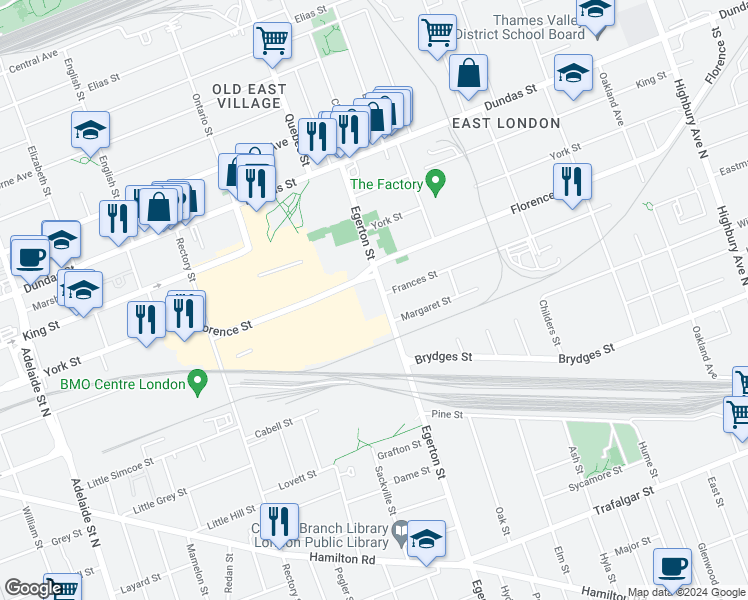 map of restaurants, bars, coffee shops, grocery stores, and more near 875 Florence Street in London