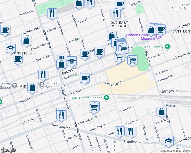 map of restaurants, bars, coffee shops, grocery stores, and more near 768 York Street in London