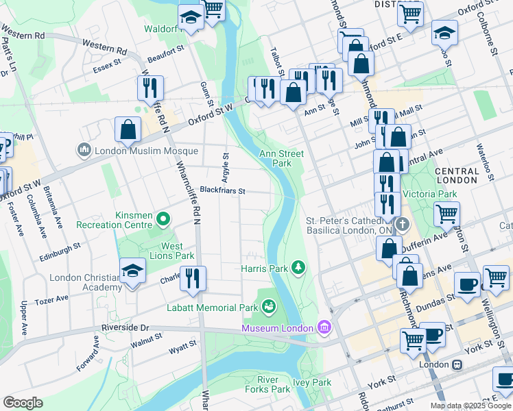 map of restaurants, bars, coffee shops, grocery stores, and more near 9 Cummings Avenue in London